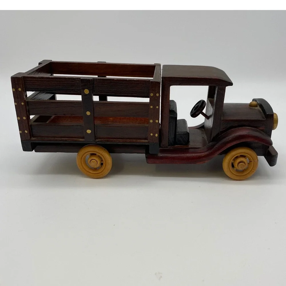 Handmade Wooden Stake Bed Truck Model Vintage Style Brown Collectible Decor Read